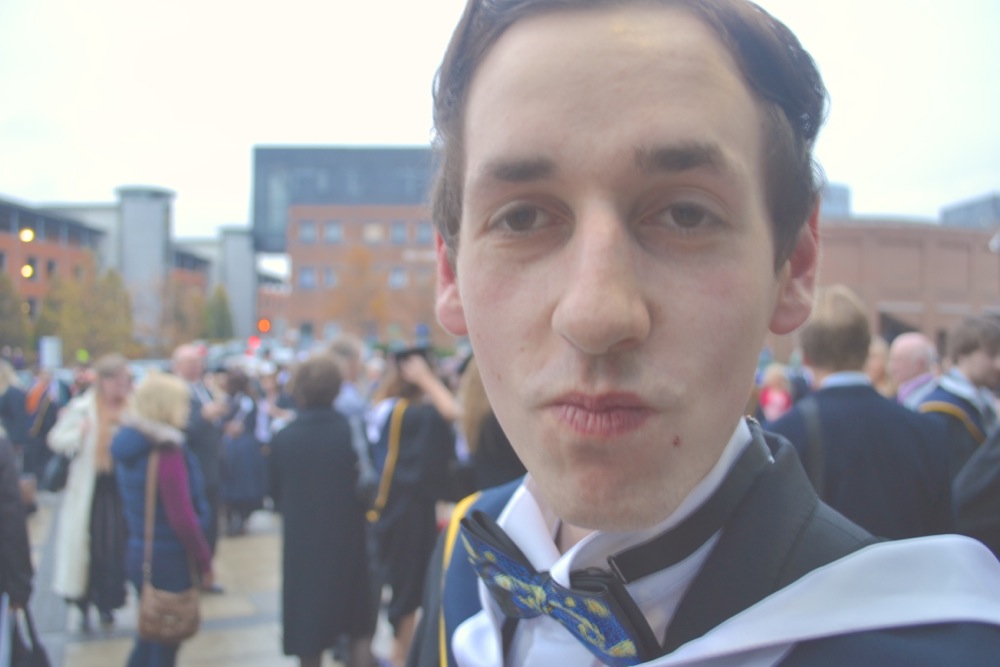 Patrick Hanlon gastrogays graduation DCU journalism bow tie suit