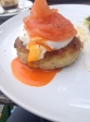 poached egg yolk runny potato cake brunch breakfast salmon