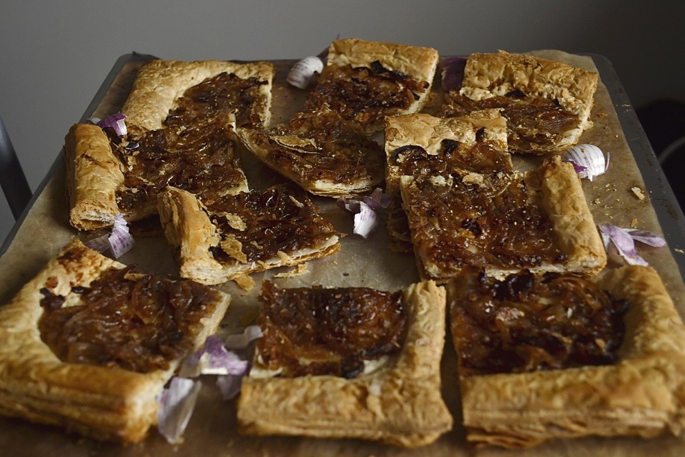 canapés caramelised onion tart pastry dinner party food nibbles starter